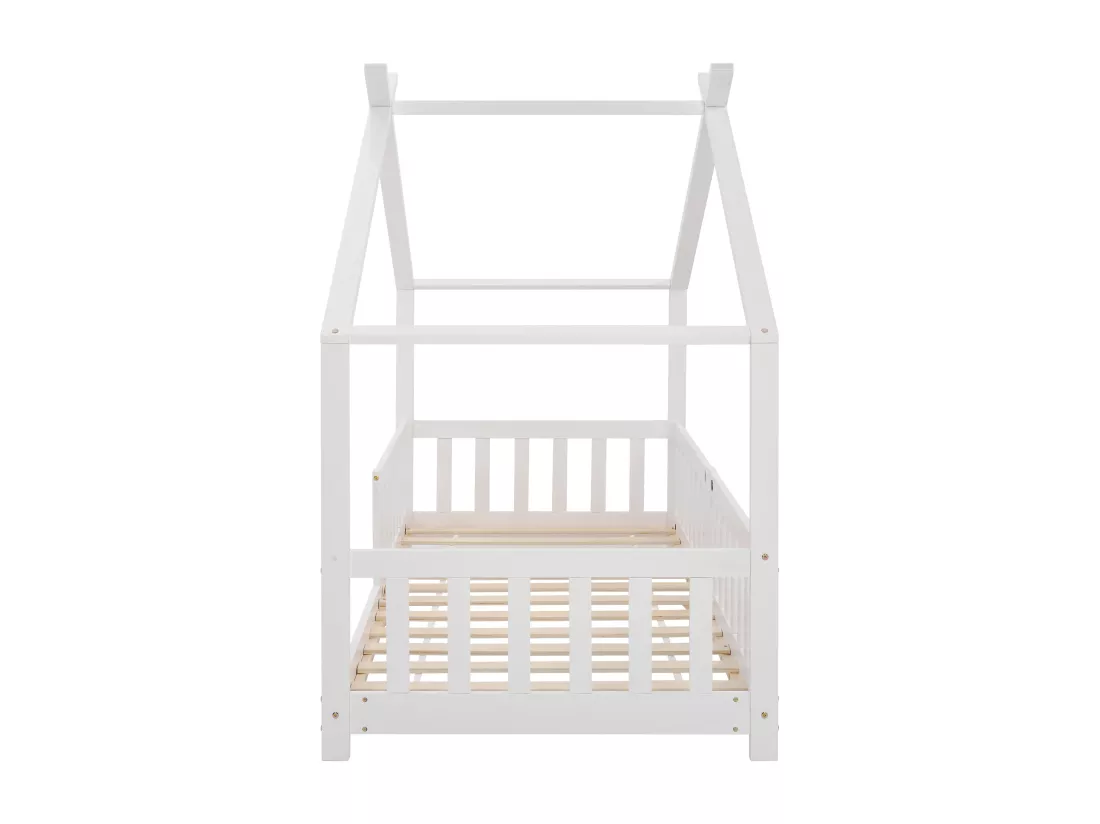 Lit cabane pour enfant, bois massif avec clôture et sommier à lattes, pour chambres d'enfants, blanc (200x90cm)