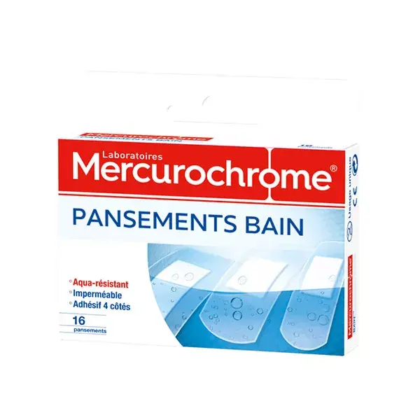 Adesivos de banho resistentes à água com mercurocromo, caixa com 16 unidades.