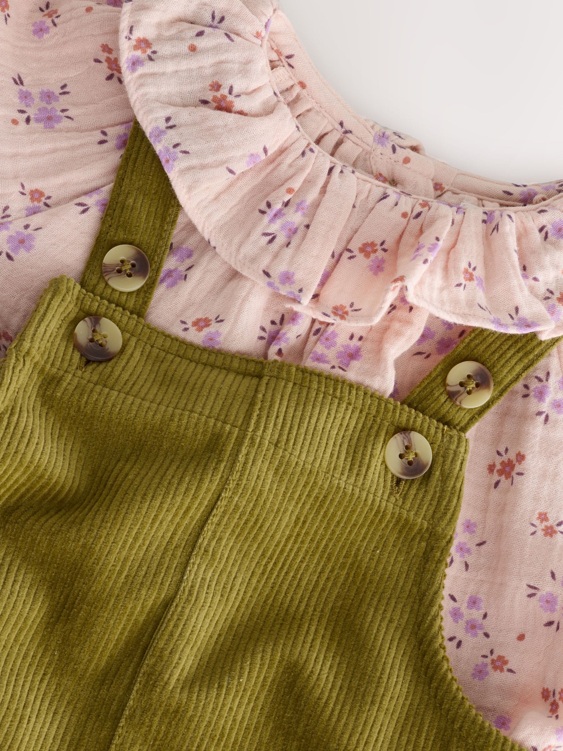 Groen - Set van corduroy bretelbroeken met bloemenprint, blouse en panty's (3mnd -7jr)