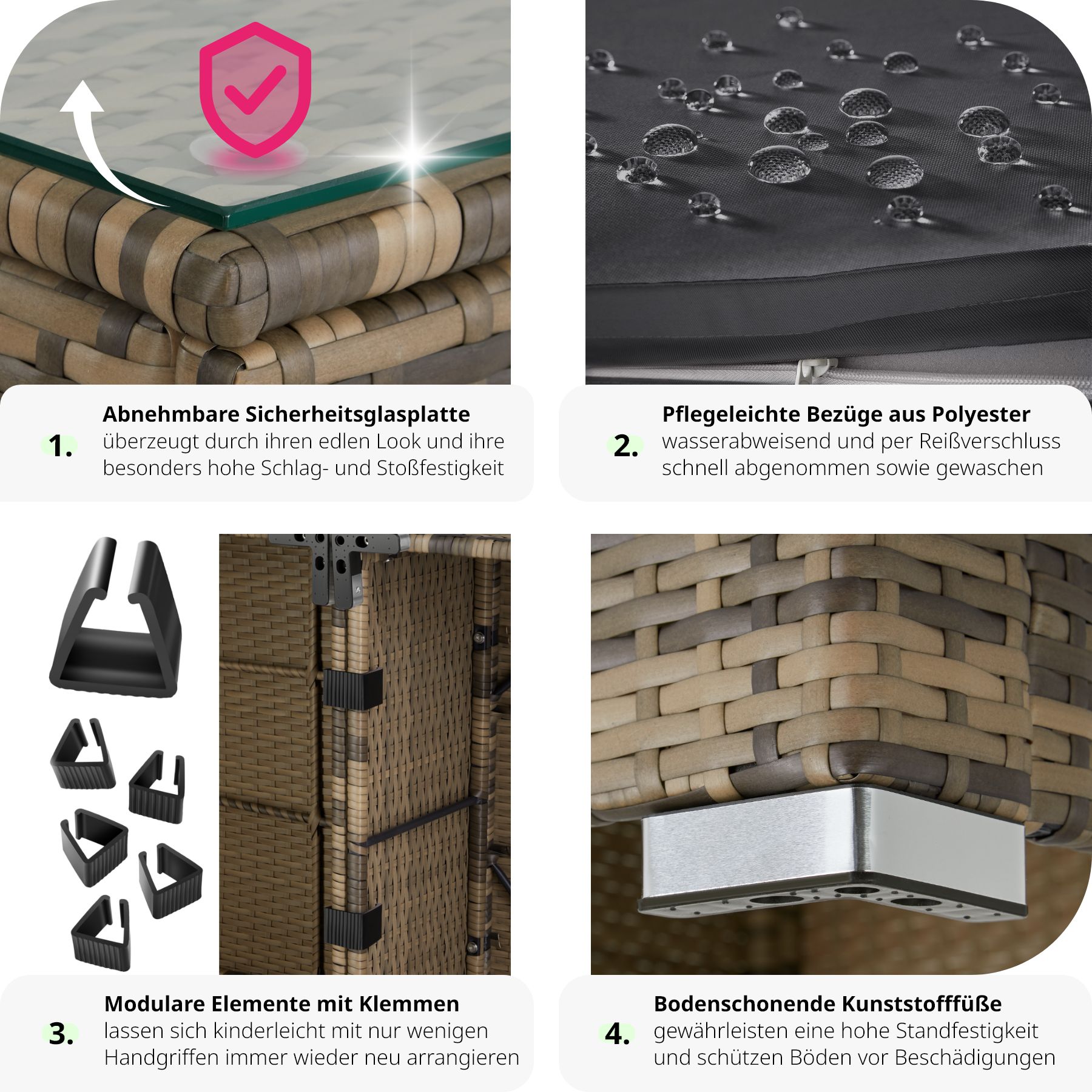 tectake® Rattan Lounge, für 3 bis 4 Personen, UV-beständig, mit Sicherheitsglasplatte