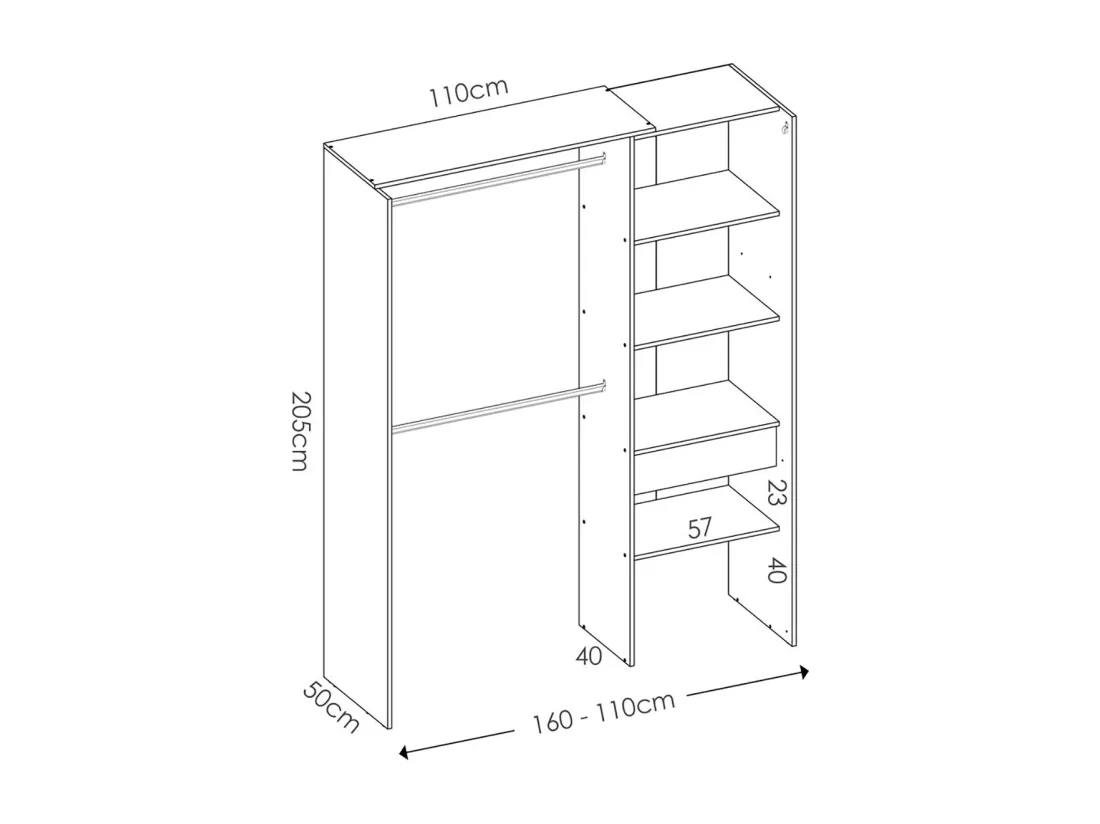 Armoire dressing en bois mélaminé avec penderies, 1 tiroir et 1 rideau coloris chêne naturel, graphite - Longueur 160 x Profondeur 50 x Hauteur 205 cm