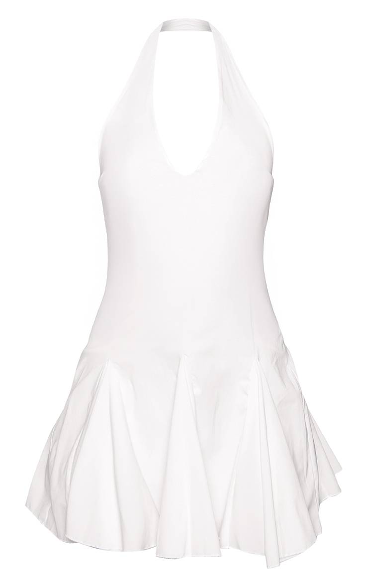 Blanc Robe Mini Droite À Godets Et Col Licou En Tissu Tissé