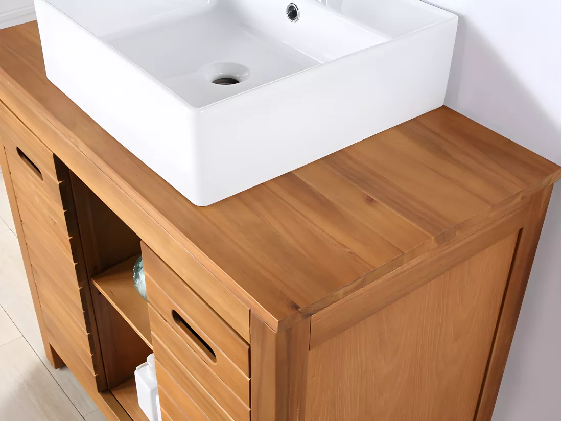 Meuble de salle de bain en bois d'acacia avec simple vasque - 90 cm - PULUKAN