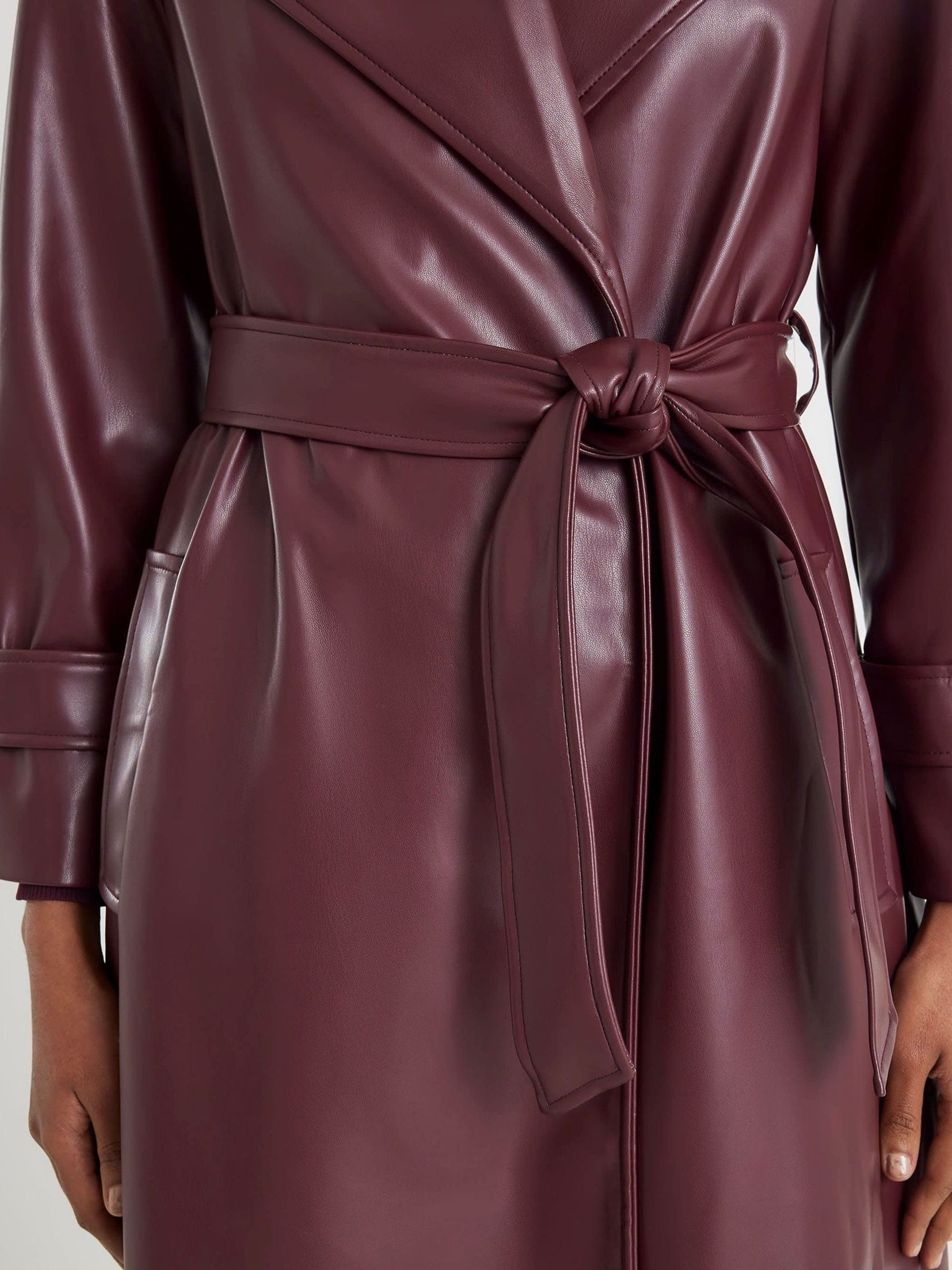 River Island Faux Leather Long Line Belted Wrap Coat