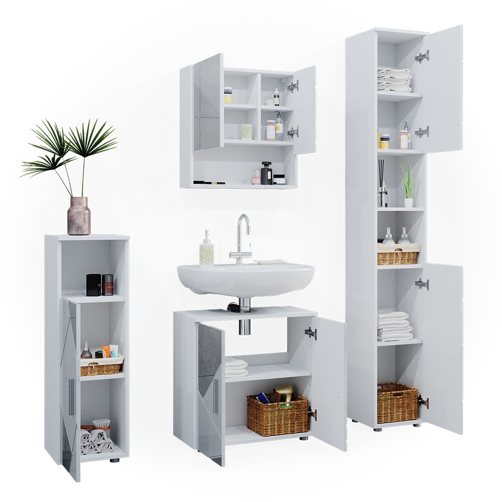 Vicco Badmöbelset mit Dekospiegeln Irma Weiß Hochglanz modern Badezimmerschrank Badschrank Badezimmermöbel Waschtischunterschrank Spiegelschrank Hochschrank Midischrank Schranktür Schrankschublade