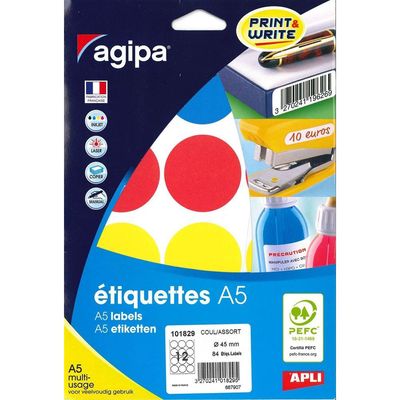 Apli Agipa - Etui A5 - 84 Pastilles adhésives - couleurs assorties multi-usages - diamètre 45 mm - réf 101829