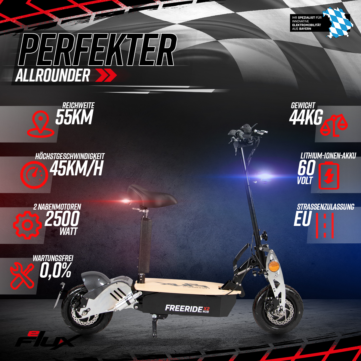 eFlux Freeride X2, E-Scooter mit Straßenzulassung, Hub-Version, Sitz, 2500 Watt, 45 km/h, Easy-Fold (Schwarz)