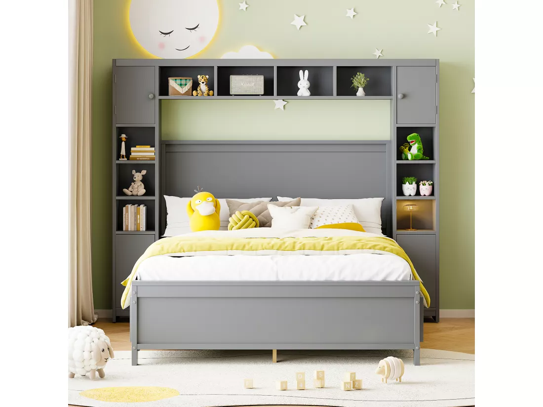 Lit 140 x 200 cm avec 4 tiroirs et rangement - Bois massif - Décor gris - CONAN