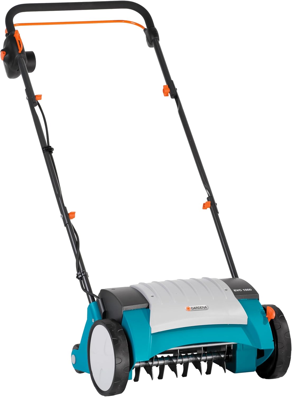Gardena Elektro-Vertikutierer EVC 1000: Rasenlüfter mit Arbeitsbreite 30 cm, 1000 W, Rasenfläche bis 1000 m², Verstellhebel für Arbeitstiefe, teilbares Gestänge, Räder mit Spezialprofil (4068-20)