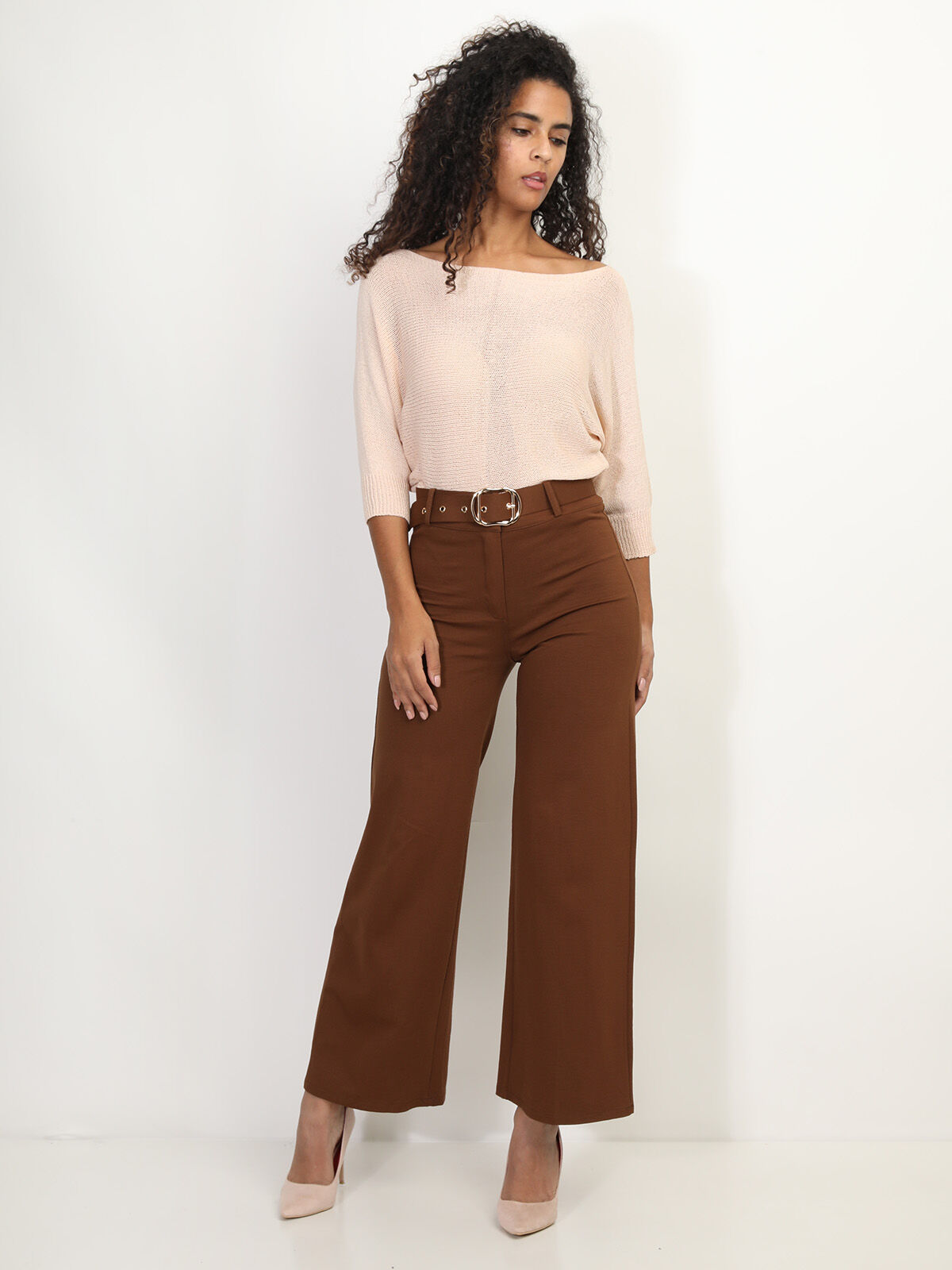 Pantalon évasé avec ceinture- Marron