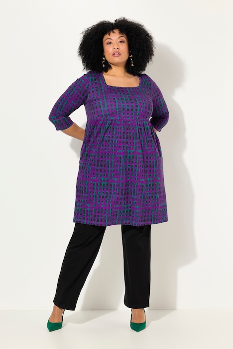 Longshirt, Karo, A-Linie, Carree-Ausschnitt, 3/4-Arm