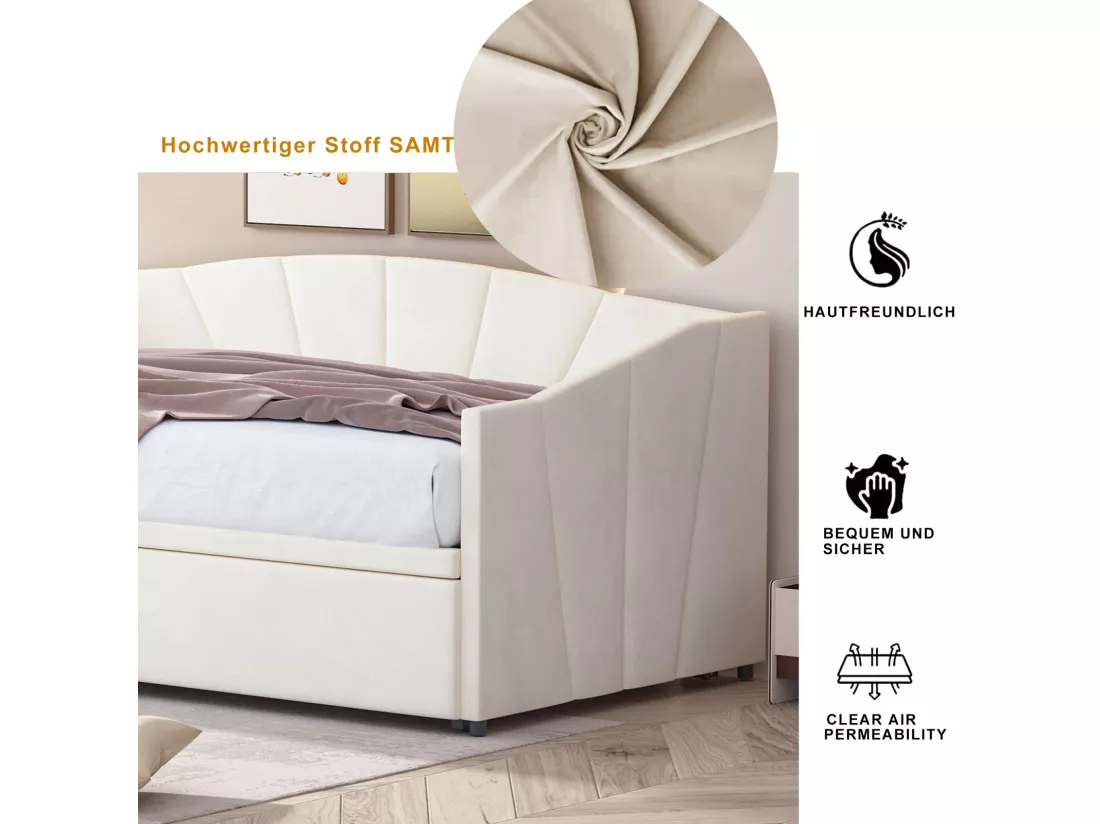 Lit gigogne 90/180x200cm, lit capitonné canapé-lit extensible avec sommiers à lattes, lit multifonctionnel en tissu velours style moderne - beige