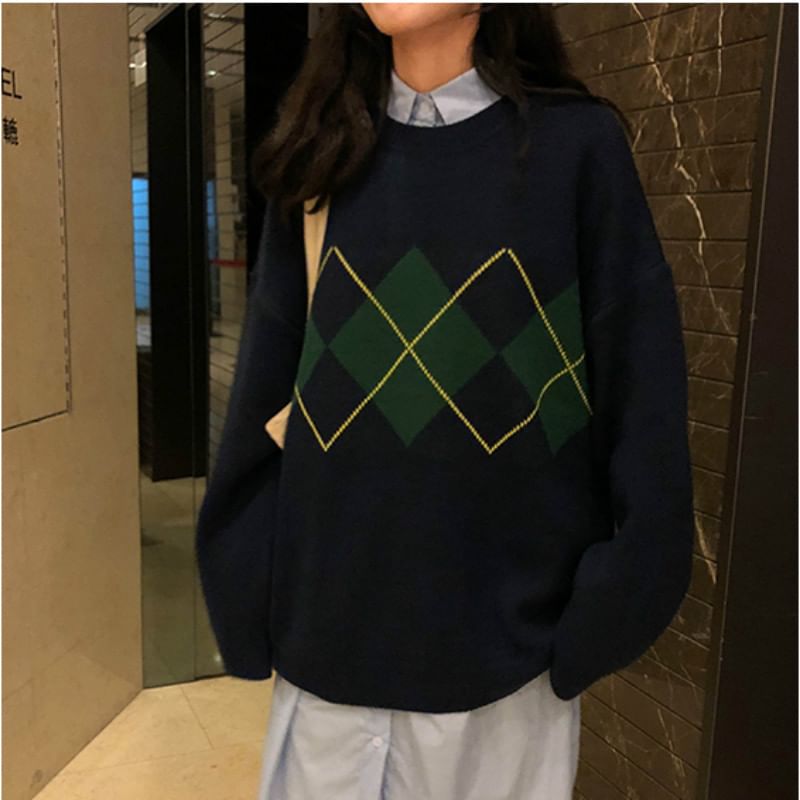 Sensarra - Argyle Oversized Trui met Ronde Hals