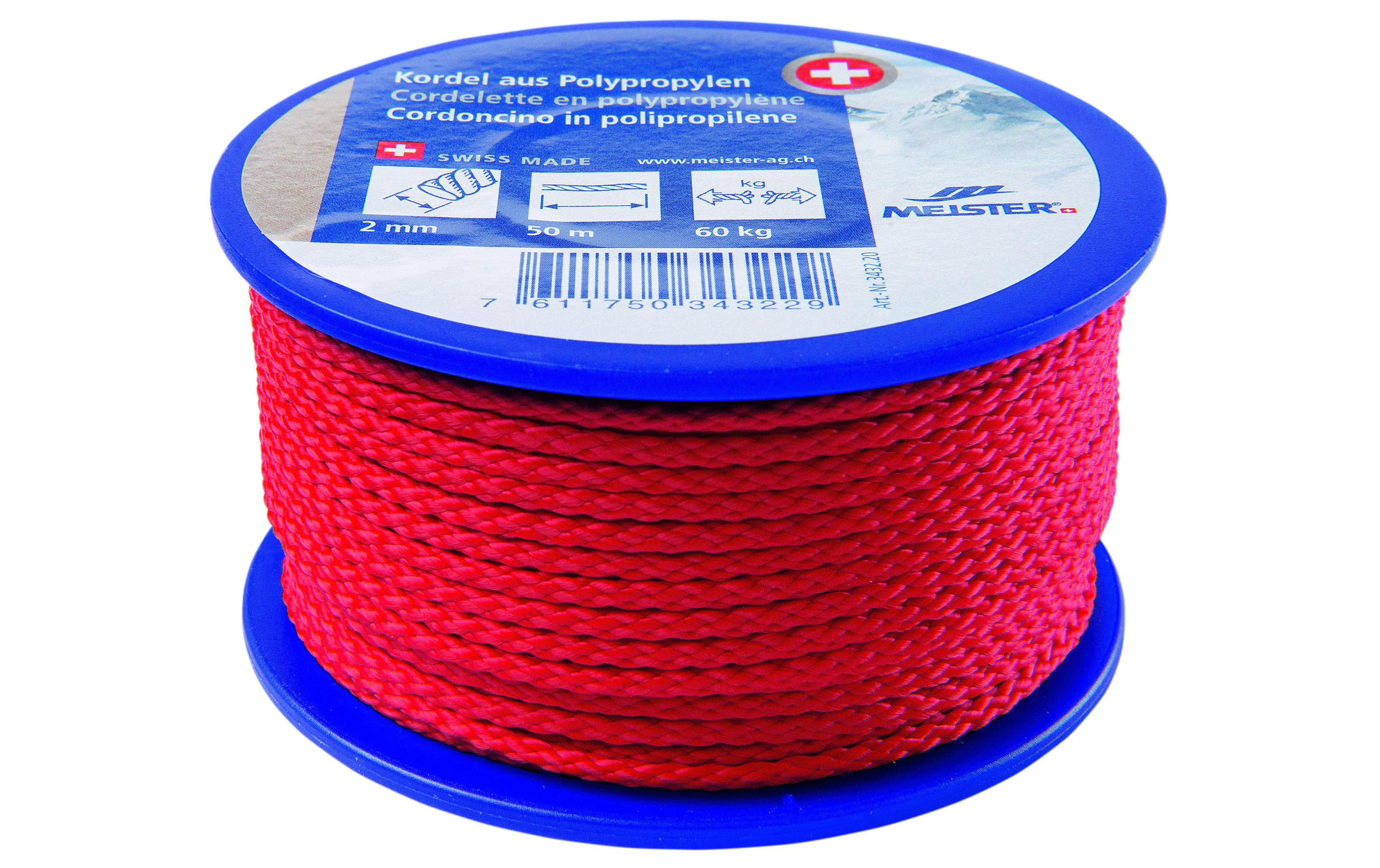 Kordel Ø 2 mm, 50 m, 60 kg, RotPolypropylensseil UNIVERSAL geflochten