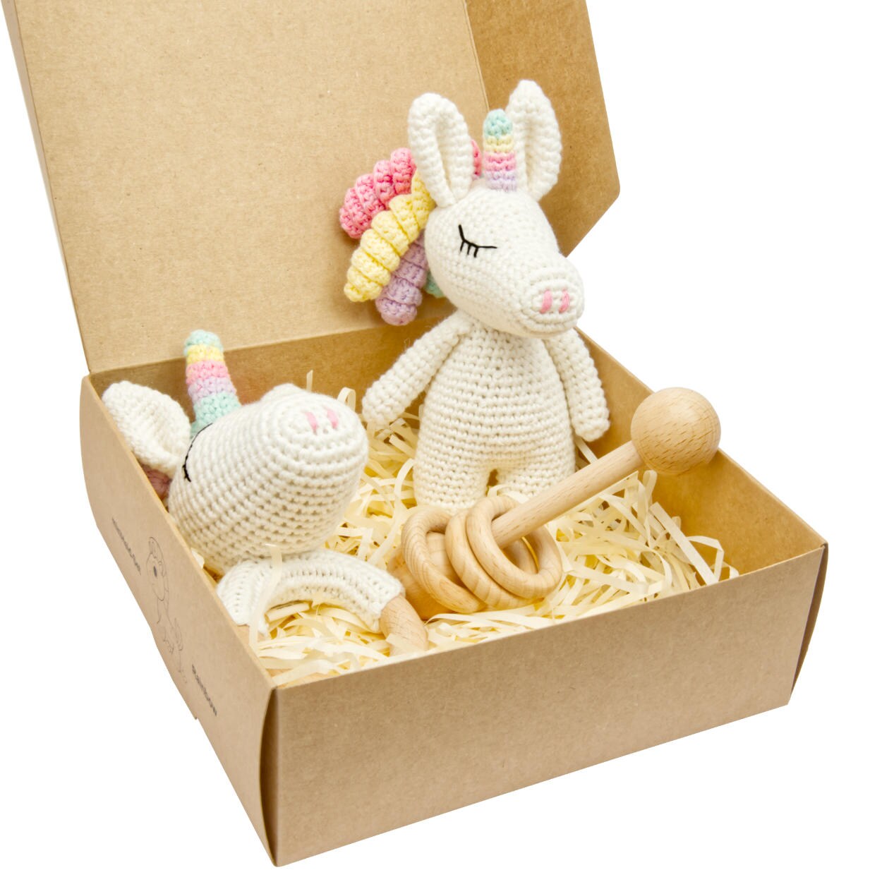 Handgestrickter Einhorn Rainbow Set Babyrassel Holz Baumwolle 16 cm