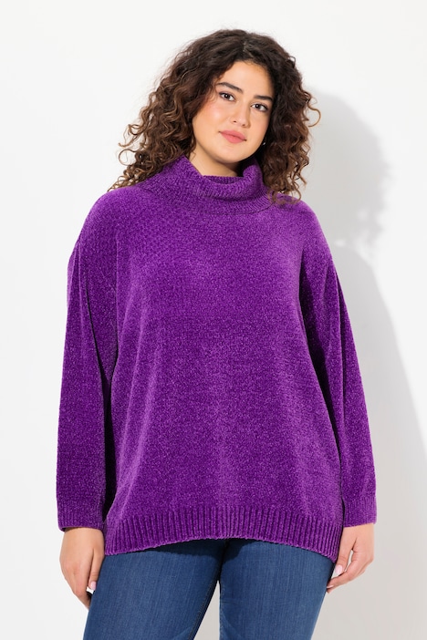 Chenille-Pullover, Oversized, Stehkragen, Langarm