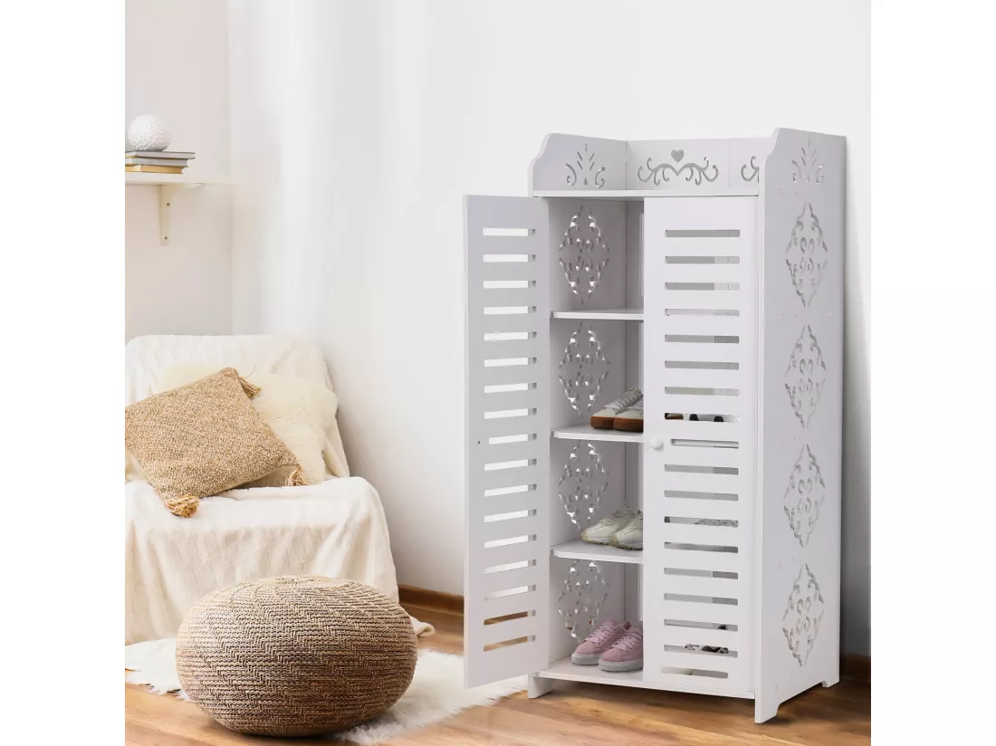 Meuble à Chaussures 5 Étagères,Armoire à chaussures d'entrée 2 portes,Conception de motif découpé,40x31x90cm,Blanc