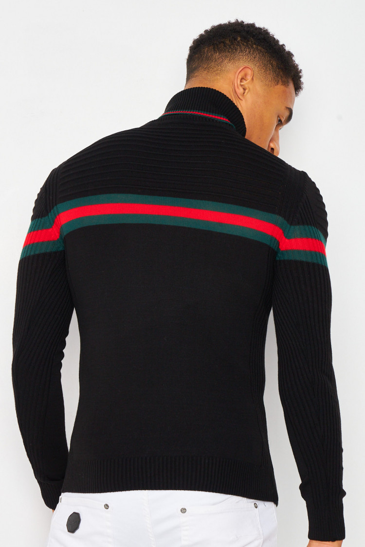 Pull noir col roulé à bande tricolore