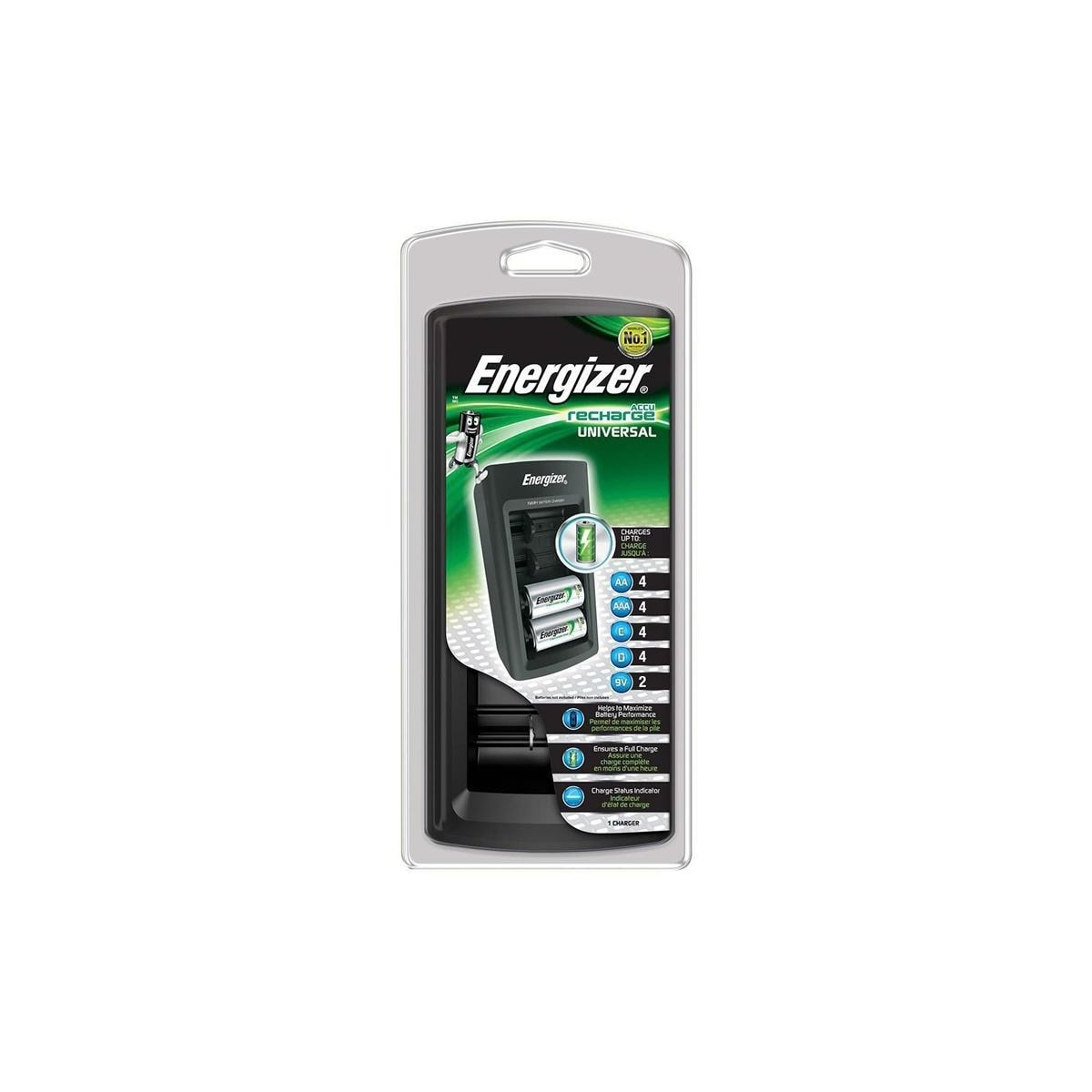 Energizer NiMH batterilader AA / AAA | 1.2 / 9 V DC | Trickle lader | Fransk / Type C (CEE 7/16) | Energitype for batteri: AA / AAA / C / D / E-Block | Sort