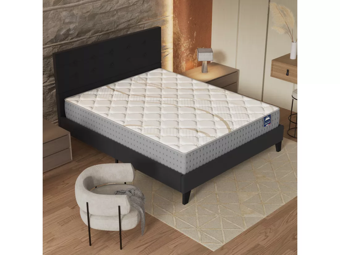 Ensemble Matelas + Lit Avec Tête De Lit 140x190 Cm, Essem 25cm D’épaisseur Mousse Haute Densité