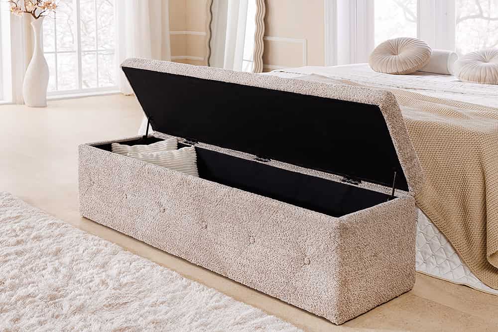 Chesterfield Bettbank EXTRAVAGANCIA 140cm champagner greige Bouclè mit Stauraum