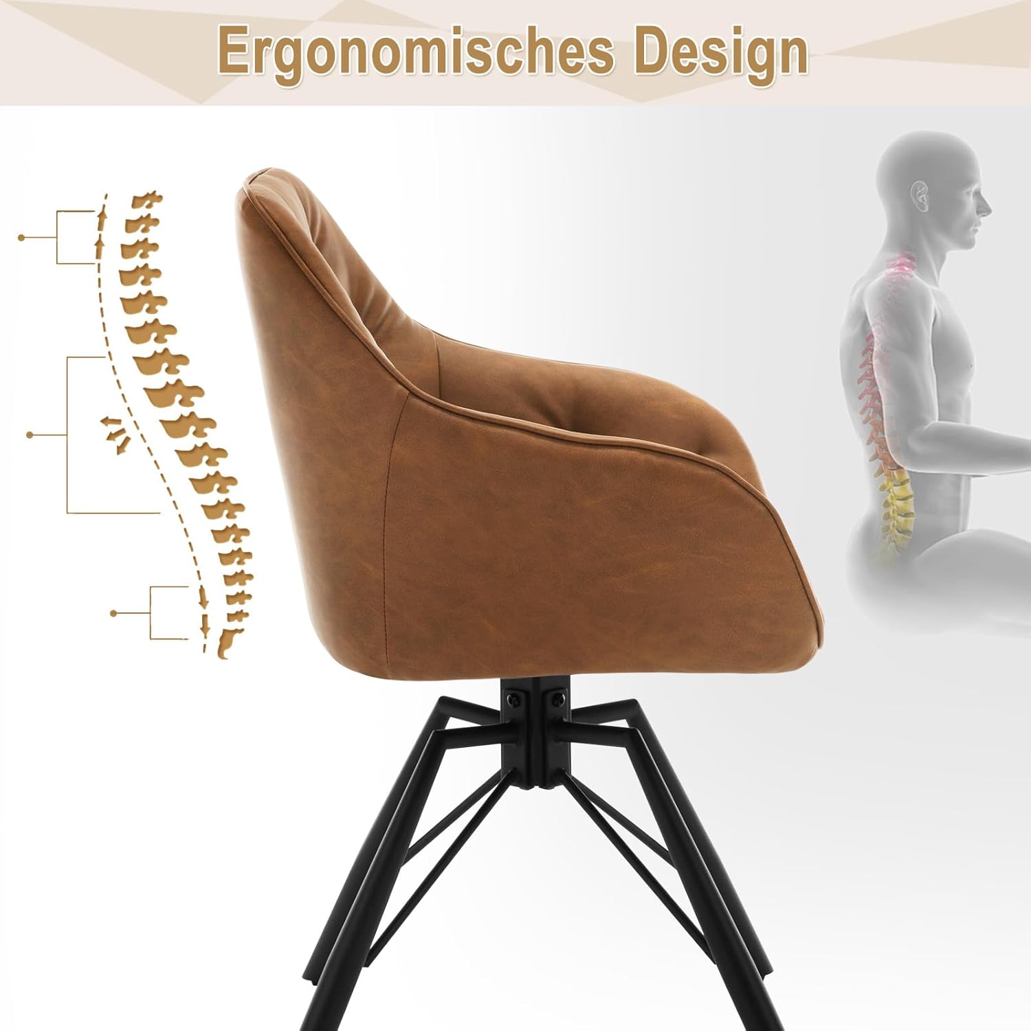 WOLTU Esszimmerstühle drehbar 4er Set, Armlehnstühl 360° drehbar, Essstühl, Küchenstühl, Polsterstühl, Armlehnstühl, für Esszimmer, Wohnzimmer,mit Metallbeinen Kunstlederbezug, Hellbraun EZS61hbr-4