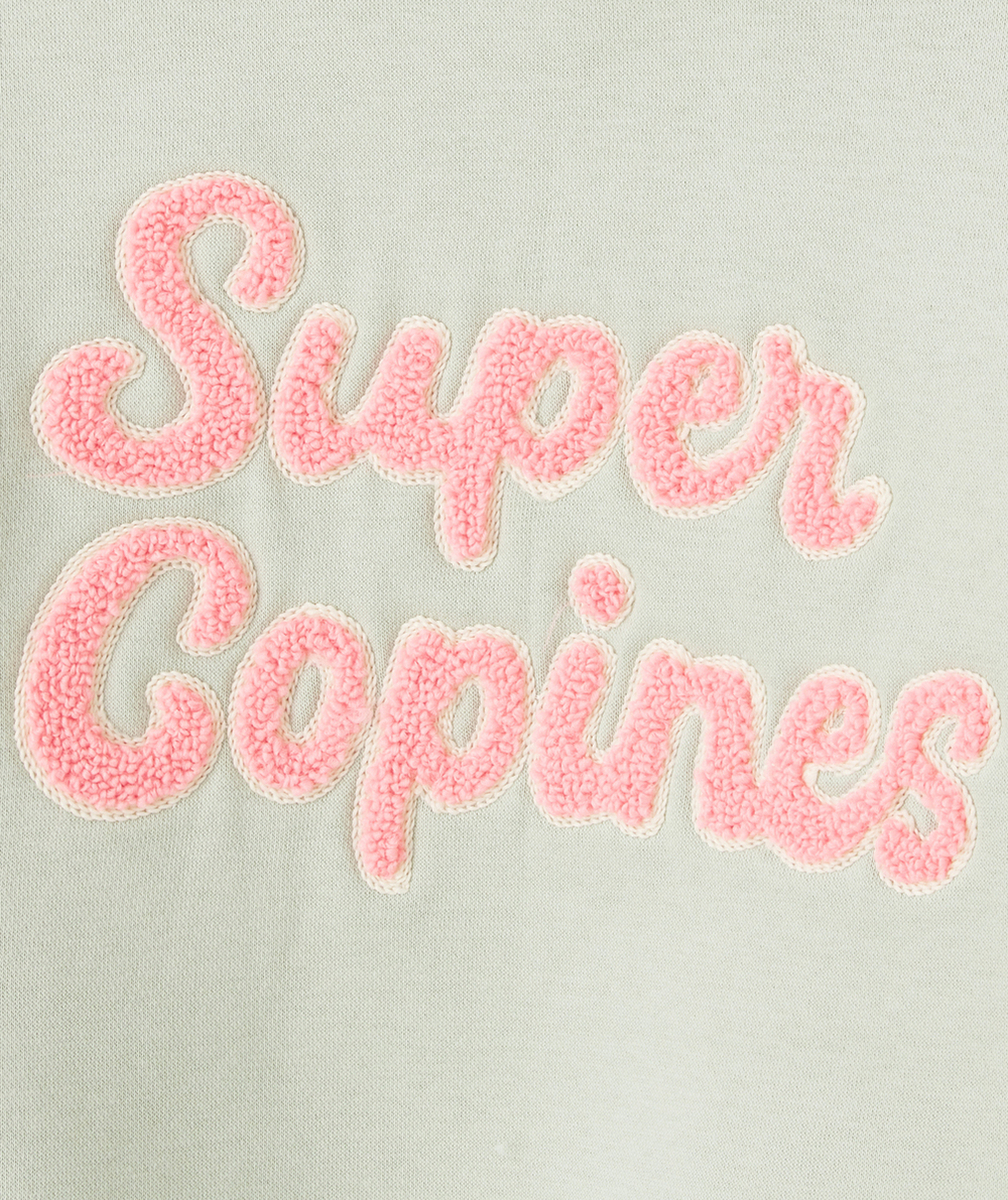 SWEAT FILLE EN FIBRES RECYCLÉES VERT AVEC MESSAGE COPINES ROSE