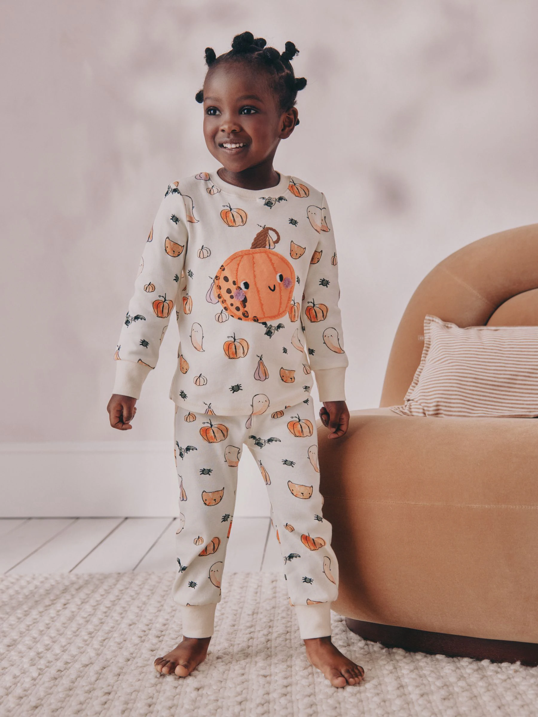 Ecru witte pompoenprint - Halloween behaaglijke pyjama (9mnd-12jr)
