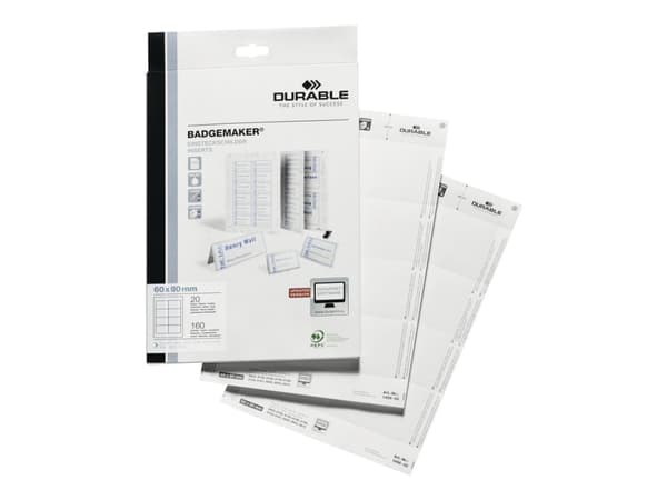 DURABLE - Hvit - 60 x 90 mm - 150 g/m² - 160 kort (20 ark x 8) navneskiltkort - for P/N: 8003-19, 8106-03, 8106-06, 8106-19, 8603-19, 8612-19