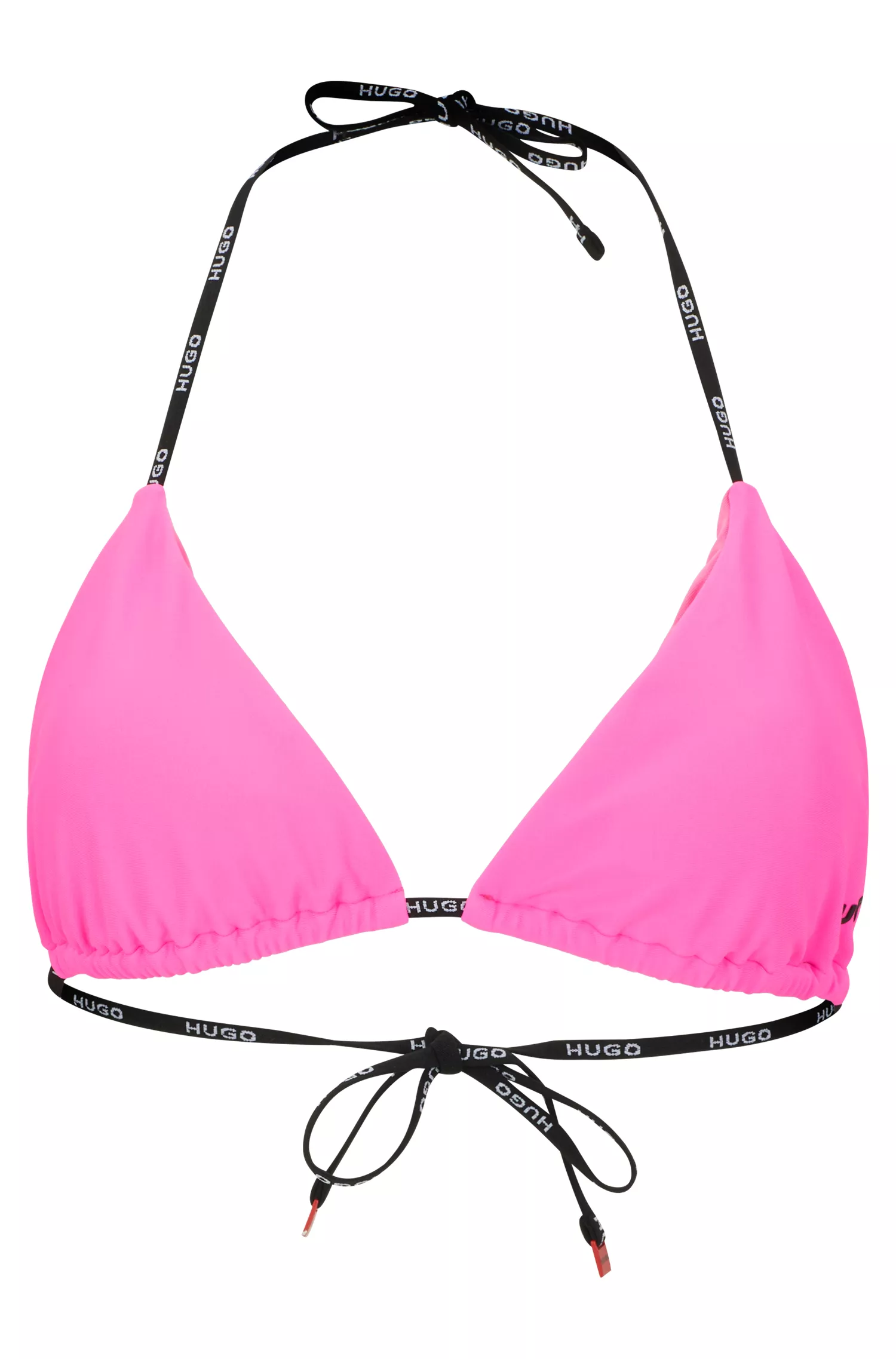 Top de biquíni triangular HUGO com alças vermelhas e detalhe do logo.
