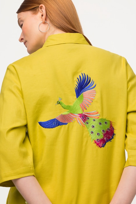 Bluse, Leinenmix, Vogelstickerei, Hemdkragen, 3/4-Arm