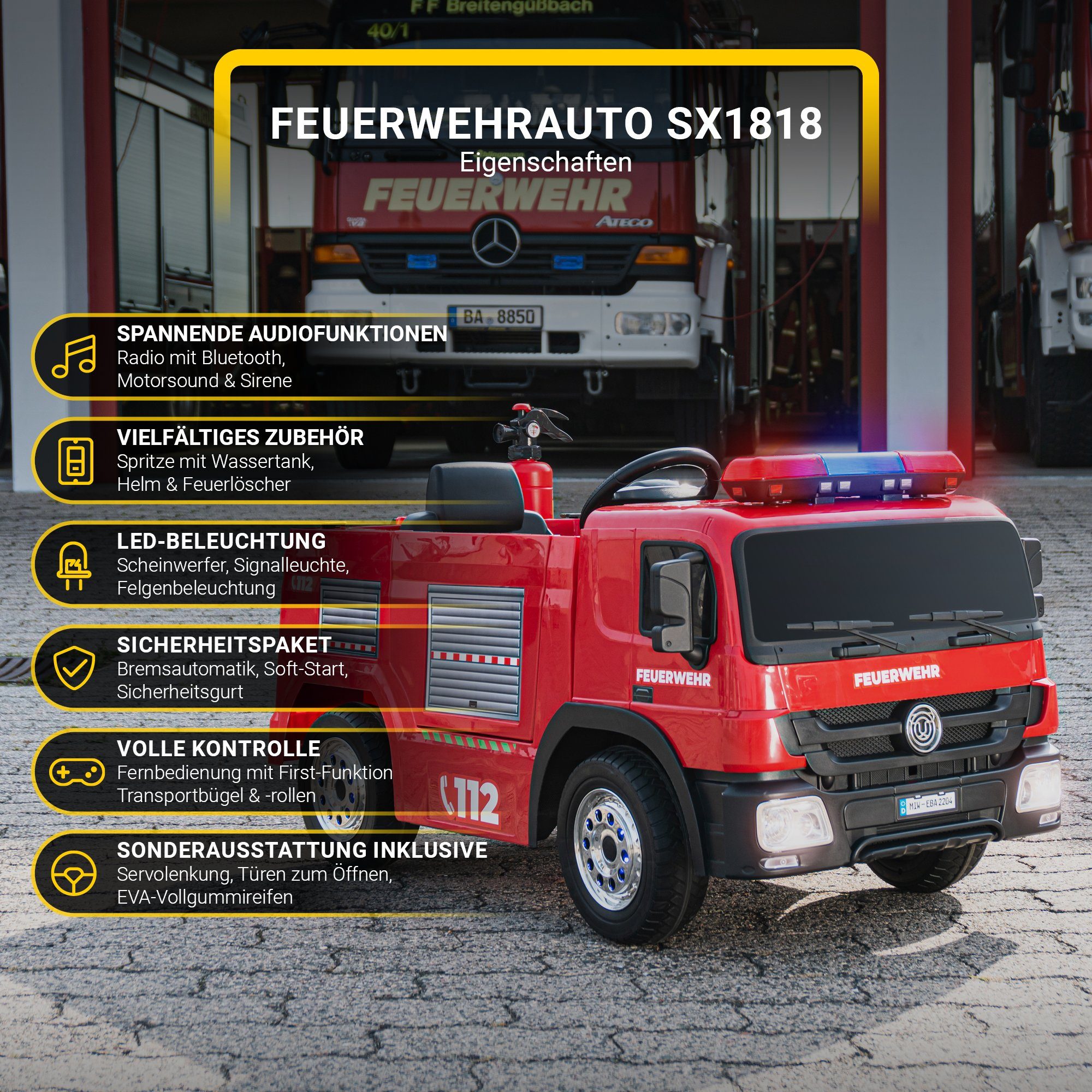 Actionbikes Motors Caminhão de Bombeiros Elétrico Infantil SX1818 - Controle Remoto - Lançador de Água, Capacidade de Peso de 40 kg (Conjunto de 4 peças), Brinquedo Infantil para Crianças a partir de 3 Anos, Elétrico - Sirene e Bluetooth