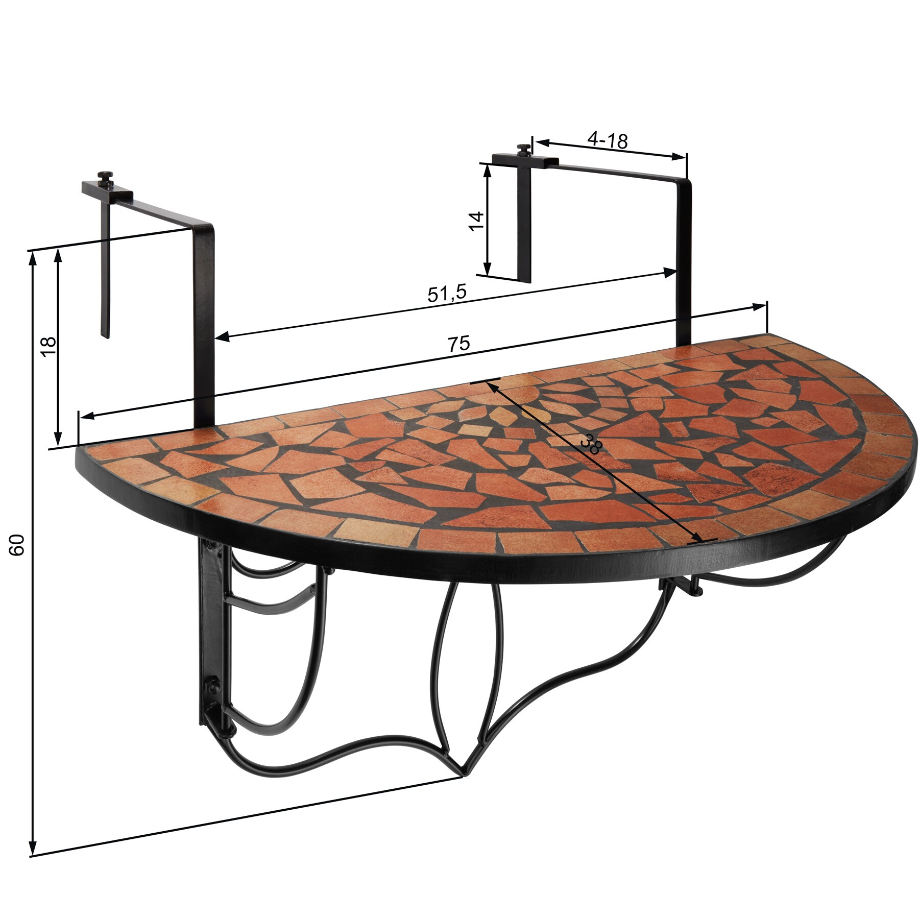 tectake® Balkontisch, Stahl, Mosaik und Zement, massive Platte, 75 x 65 x 62 cm