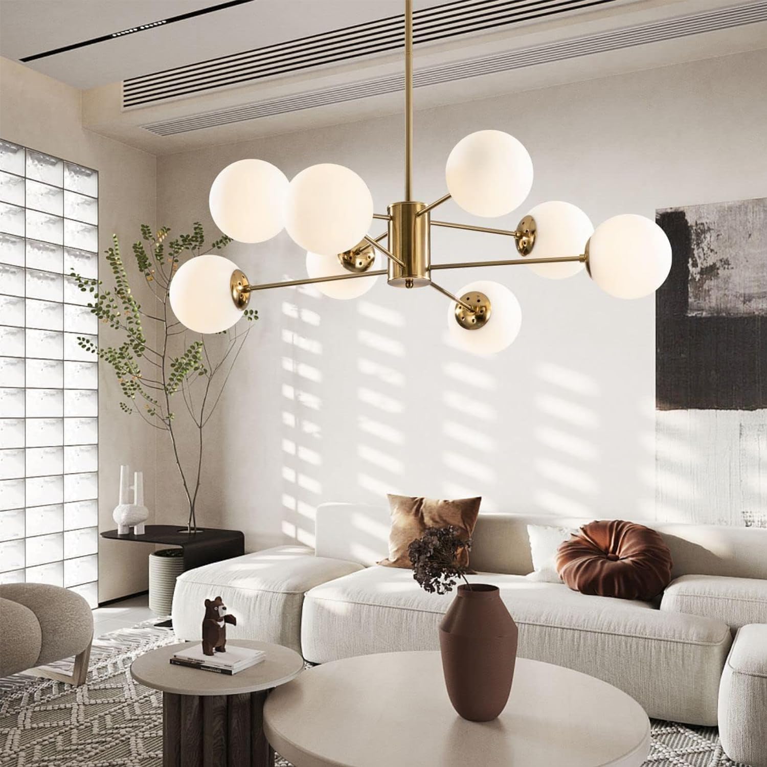 KCO Lighting 8-flammiger Sputnik-Kronleuchter aus Weißem Glas, Moderne Goldene Sputnik-Kronleuchter für das Wohnzimmer, Goldene Vintage-Pendelleuchte mit 8 Lichtern für die Kücheninsel