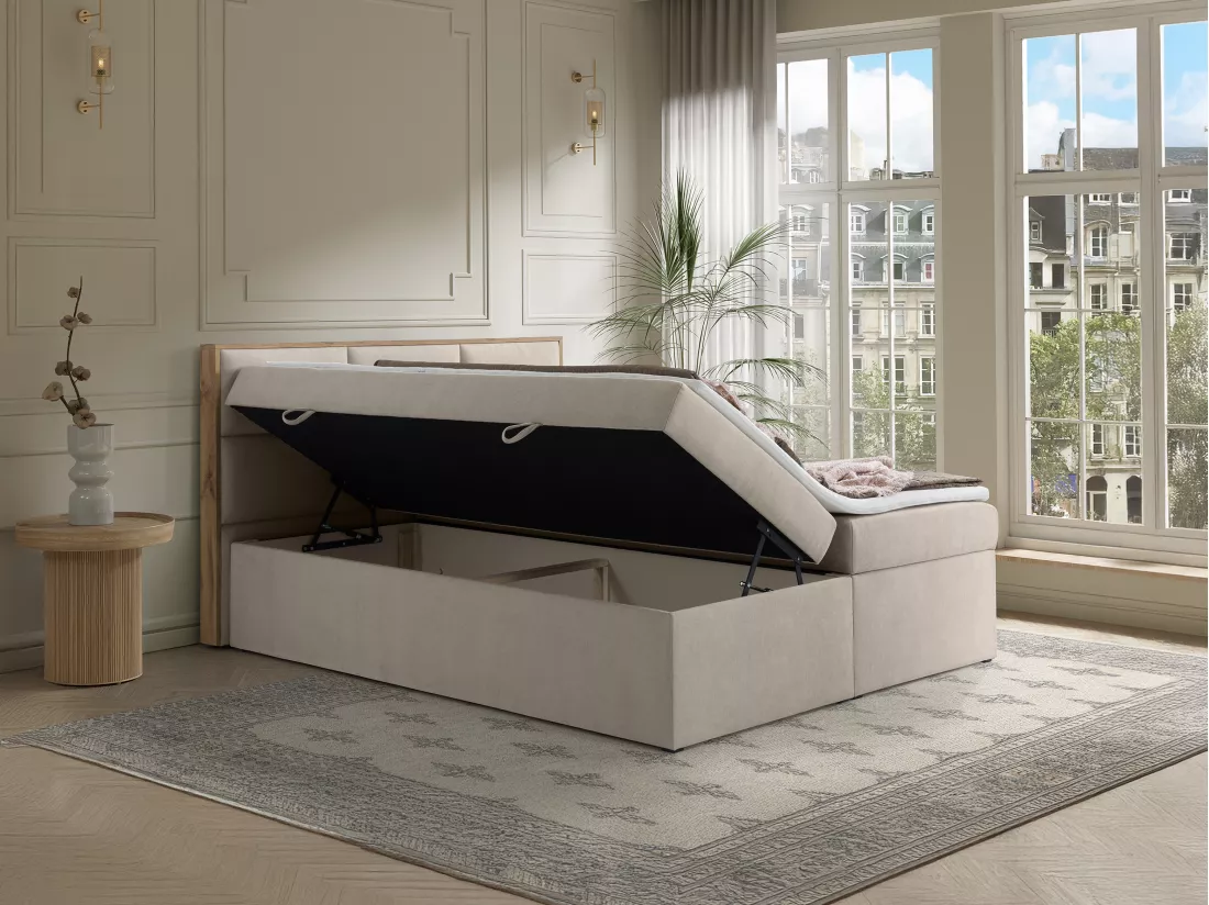 Ensemble complet literie déco tête de lit encadré bois + sommiers coffre + matelas + surmatelas - 180 x 200 cm - Tissu - Beige - SIAKI de YSMÉE