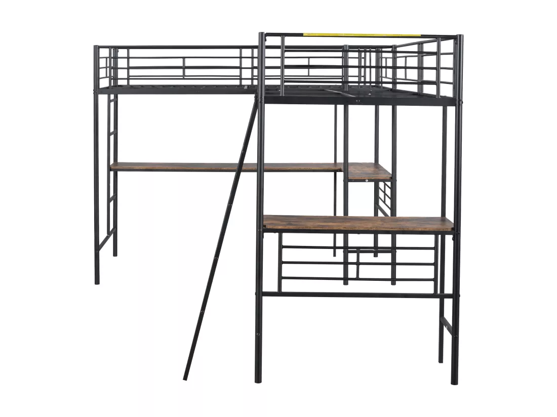 Lit mezzanine 2 places - 2 x 90 x 200 cm - avec bureau d'angle et échelles - métal - noir