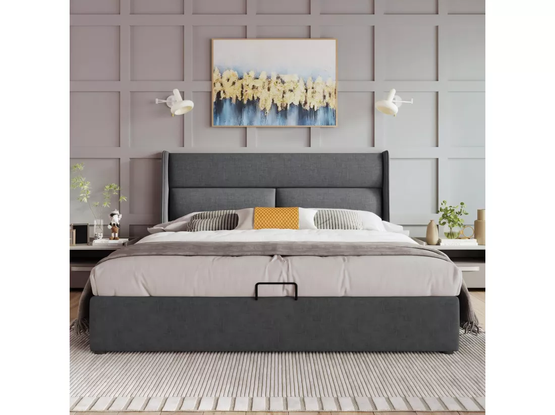 Lit coffre en lin avec matelas, sommier à lattes et appuie-tête réglable, 160x200cm, Gris