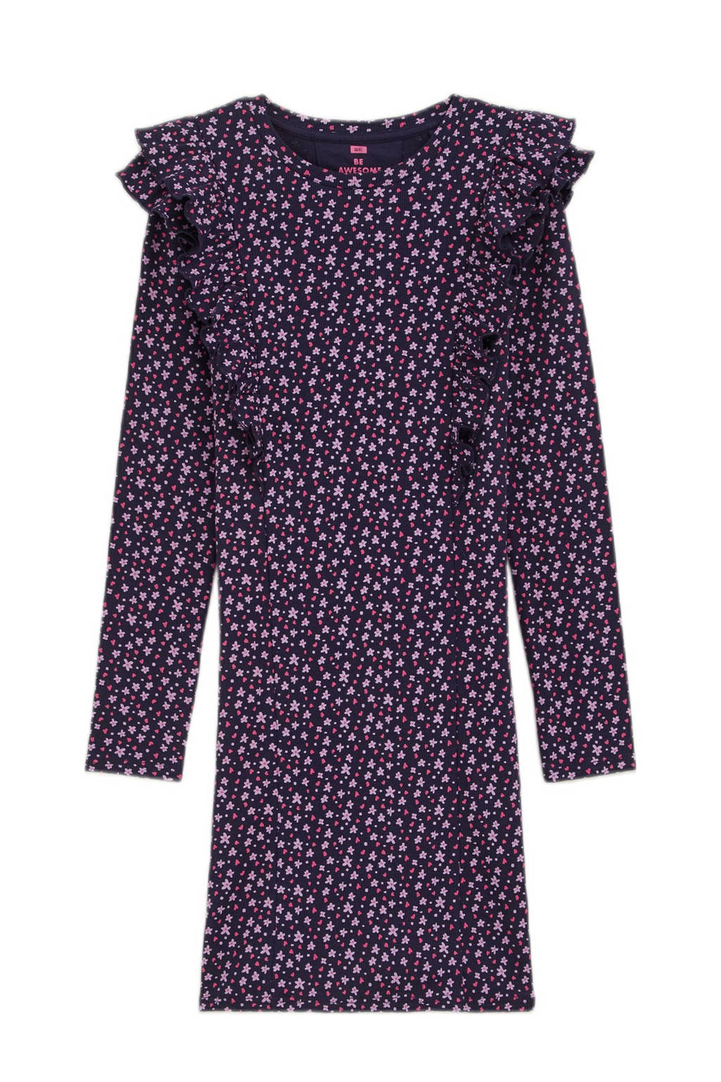 WE Fashion gebloemde bodycon jurk donkerblauw/roze