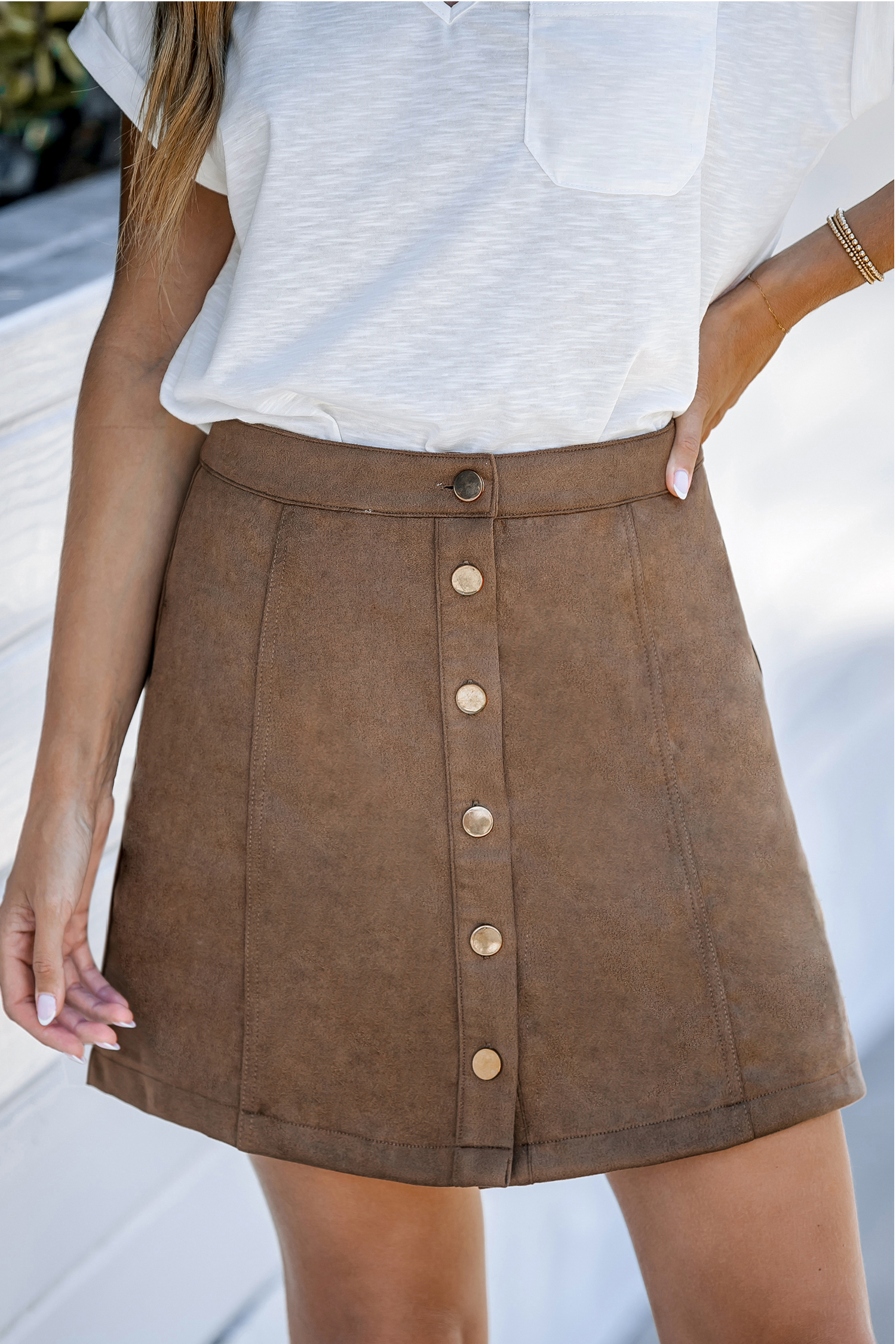 Jupe brune taille haute à boutons