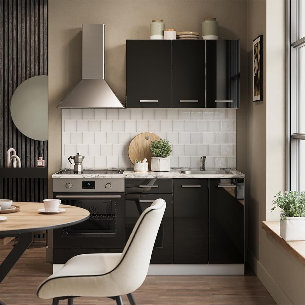 Vicco Singleküche R-Line, Schwarz Hochglanz/Weiß, 160 cm mit Herdumbauschrank und Spüle ohne AP