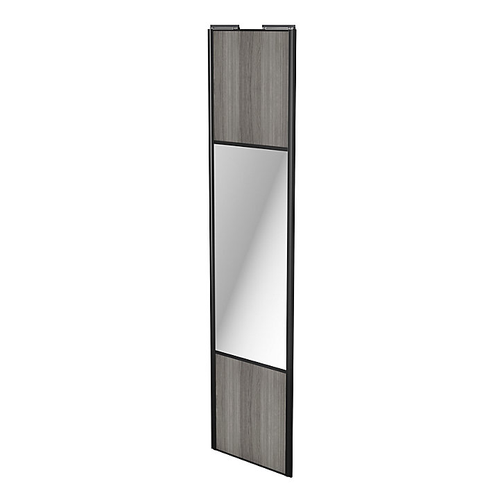 Porte de placard coulissante avec miroir effet chêne grisé profil noir GoodHome Arius H. 248,5 x L. 62.2 cm + amortisseurs