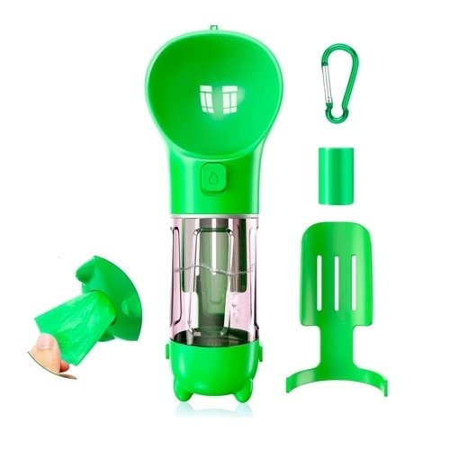 Tigela de água portátil Edipets com dispensador de sacos, verde, para cães.