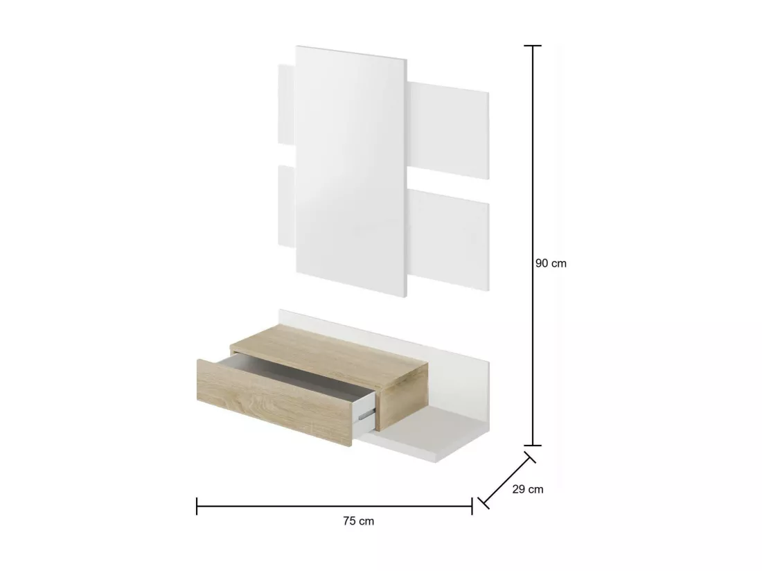 Meuble d'entrée Dcori, Entrée suspendue avec miroir, Meuble d'entrée avec tiroir, 75x29h90 cm, Blanc et Chêne