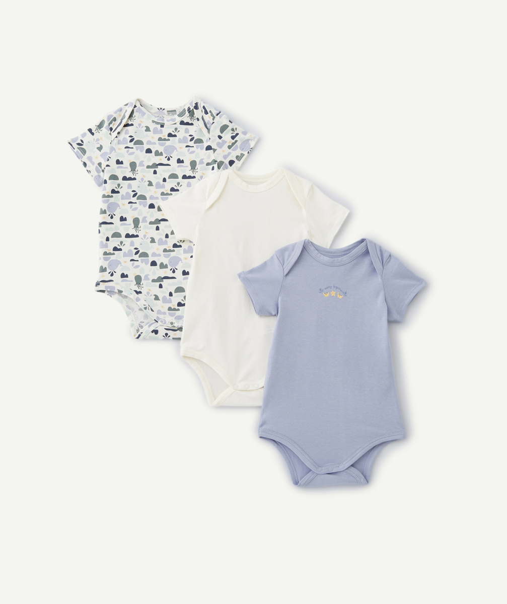 LOT DE 3 BODIES EN COTON BIO À MANCHES COURTES BLEU ET BLANC