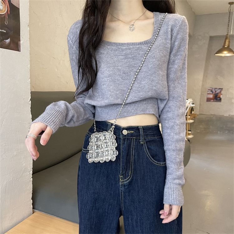 CRIBI - Lange mouwen, vierkante hals, effen crop top