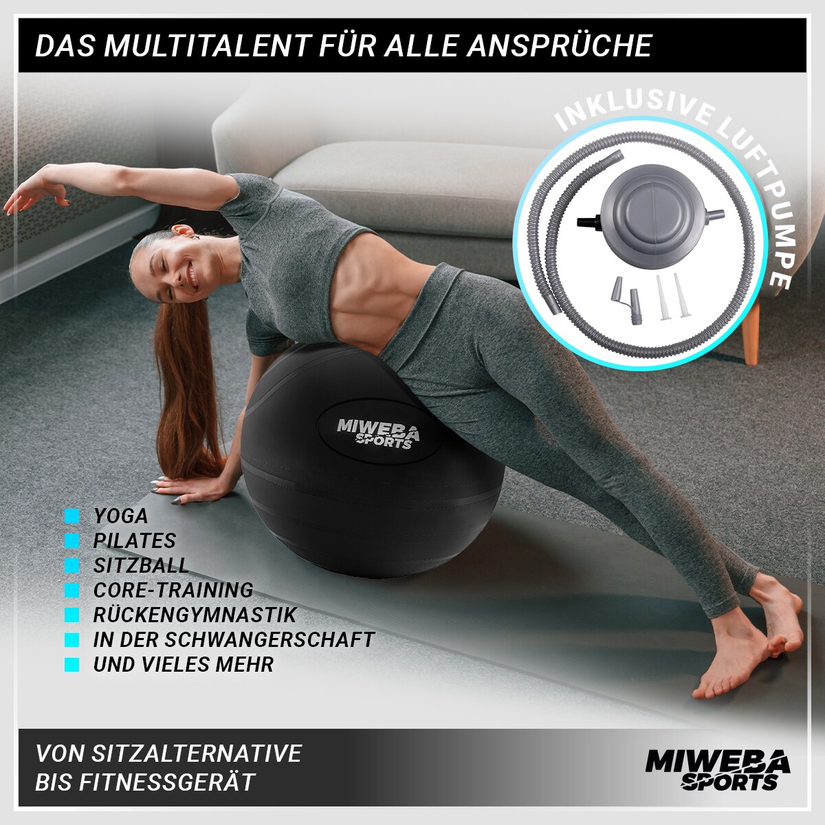 Miweba Sports Gymnastikball GB100, 65cm, Anti-Burst, bis 400 kg, rutschfester Sitzball, PVC, Pumpe (Schwarz)