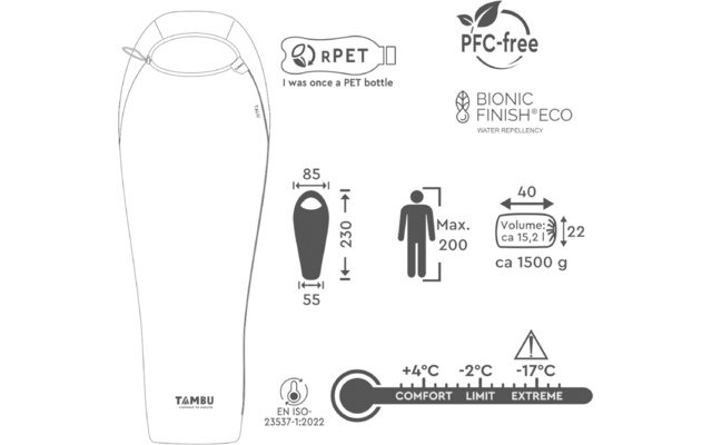Tambu Talu Mumienschlafsack Recyceltes Polyester 3-Jahreszeiten 230 cm