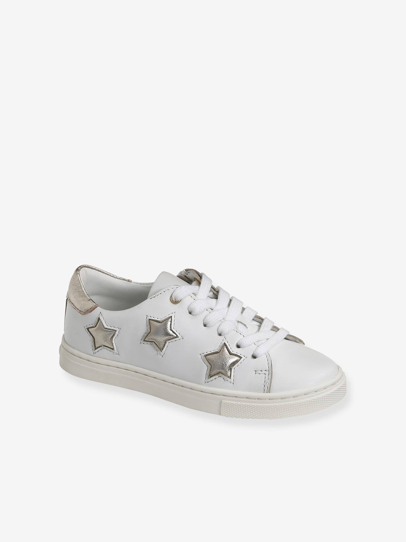 Tênis de couro com cadarço e zíper, para meninas, tamanho médio, branco liso com estampas.