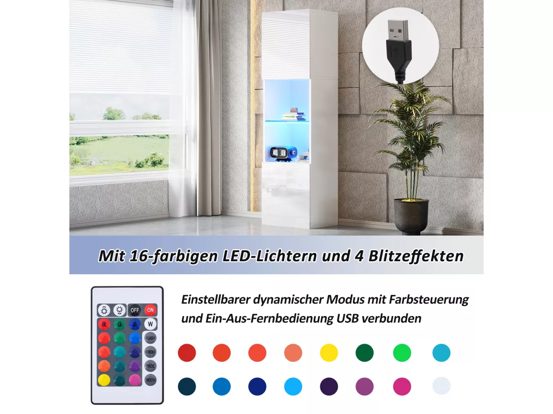 Vitrine avec 2 portes et 1 étagère en verre - 45 x 35 x 160 cm - LEDs - Panneaux de particules - Blanc brillant