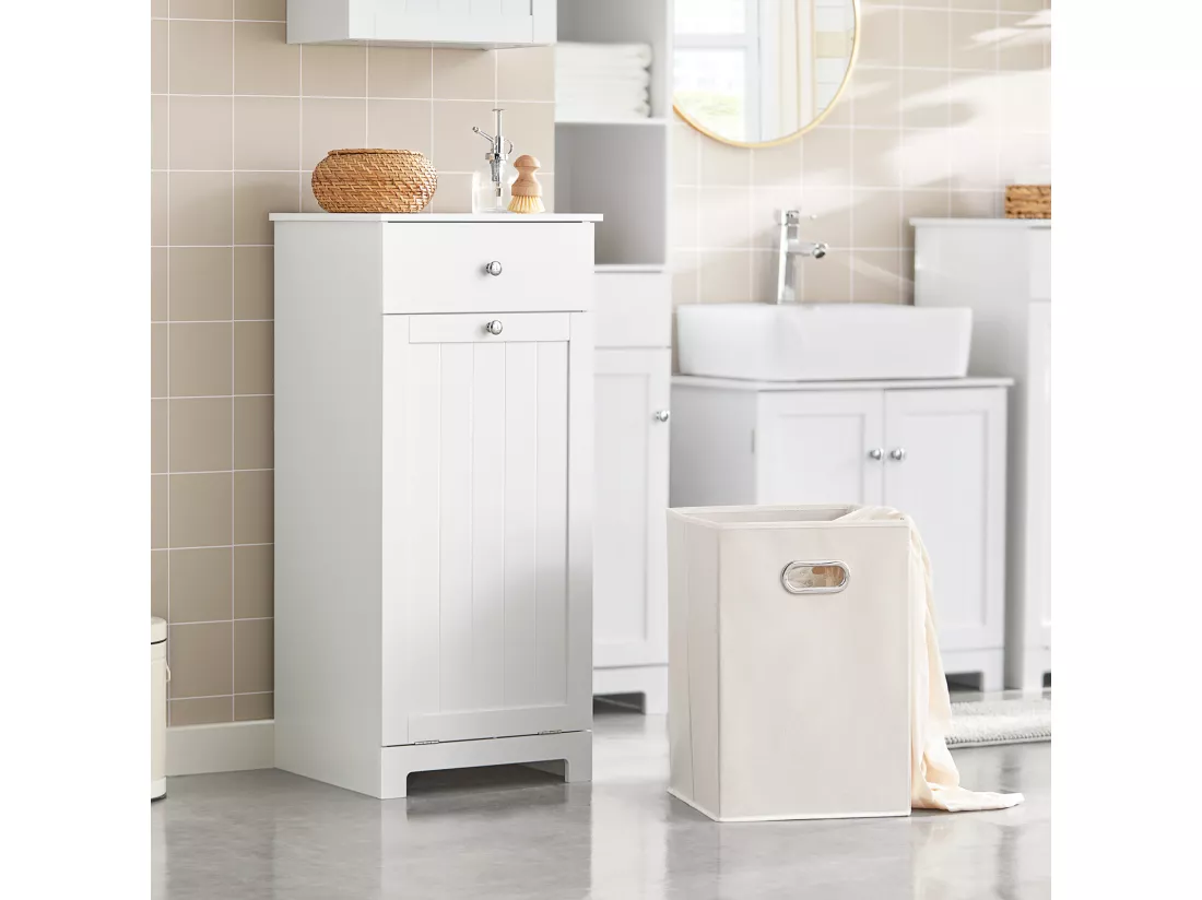 Meuble Bas de Salle de Bain Armoire Toilette avec 1 tiroir et 1 Panier à Linge, BZR21-W